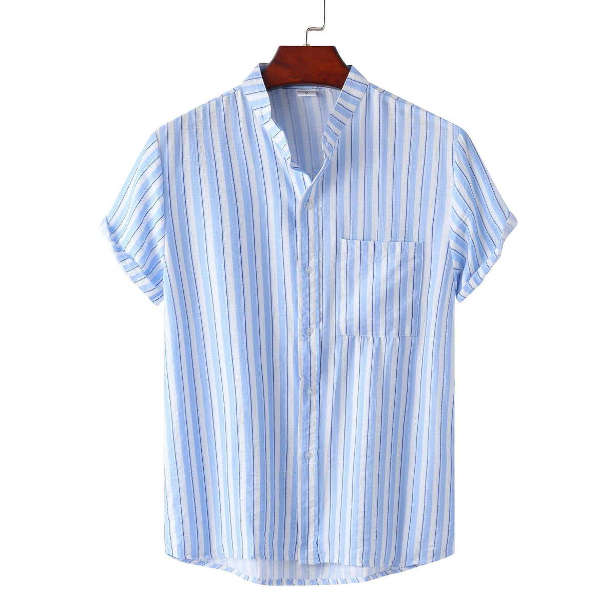 Women's Short-Sleeve Shirt with Casual Stand-Up Collar and Fine Stripe Pattern