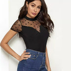 Women's Bodysuit with Sheer Polka Dots and High Neck