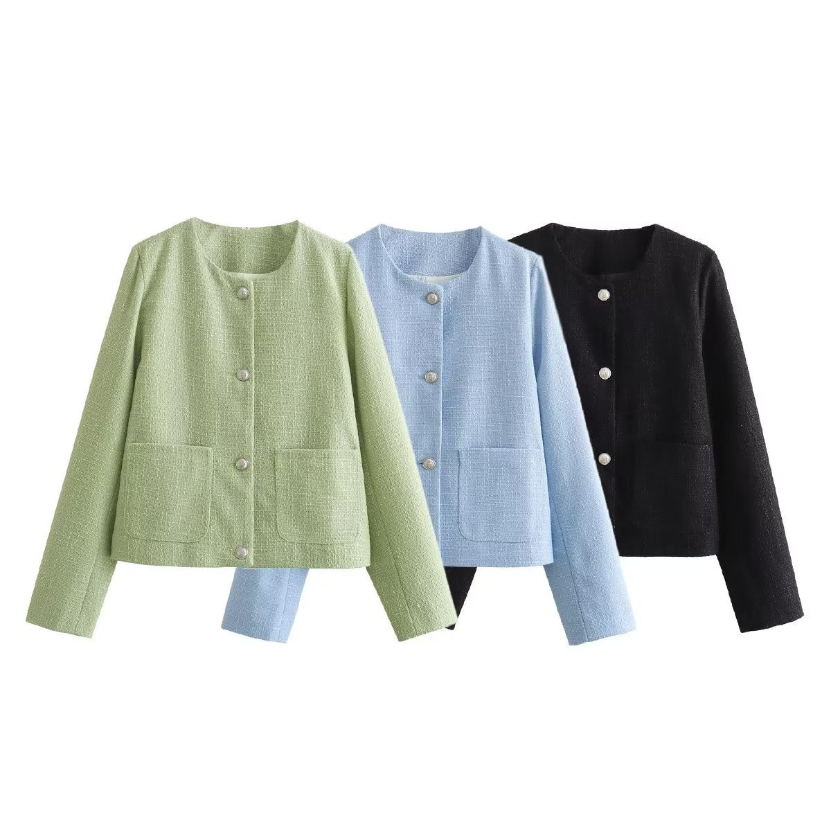Elegant Women's Short Jacket with Decorative Button Details and Practical Pockets