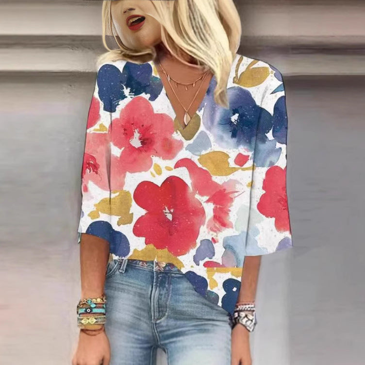 Women's Patterned Blouse with V-Neck and 3/4 Sleeves