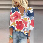 Women's Patterned Blouse with V-Neck and 3/4 Sleeves