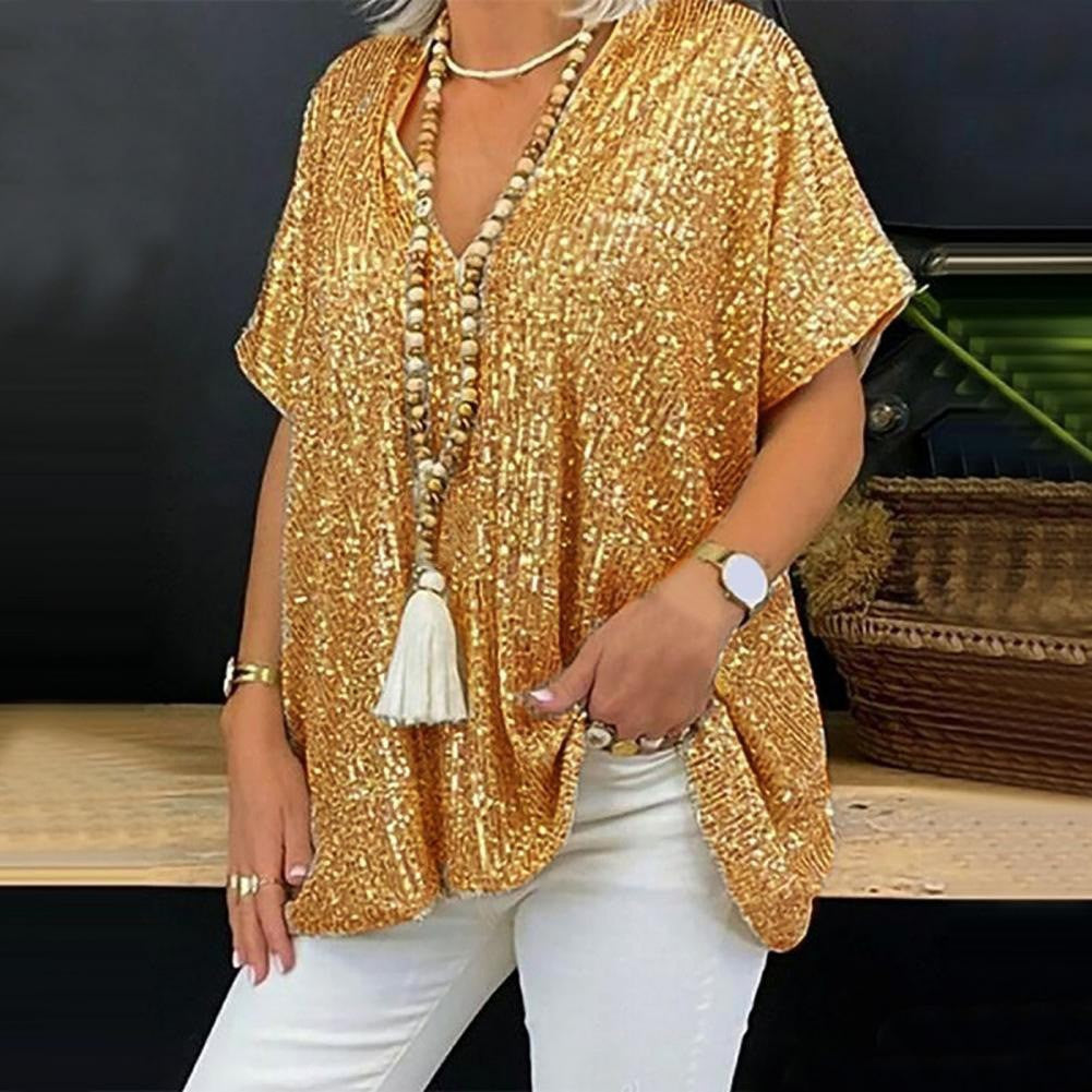 Women's Glamorous Sequin Tunic Shirt with V-Neck