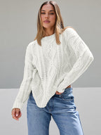 Women's Chunky Knit Sweater with Wave Pattern and Wide Cut