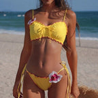 Women's Swimsuit with Decorative Ruffle Hem and Flower Appliqué
