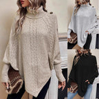 Women's Chunky Knit Sweater with Modern Mock Neck and Playful Button Details