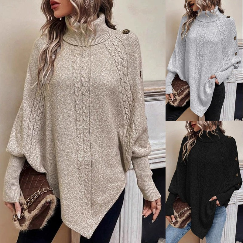 Women's Chunky Knit Sweater with Modern Mock Neck and Playful Button Details
