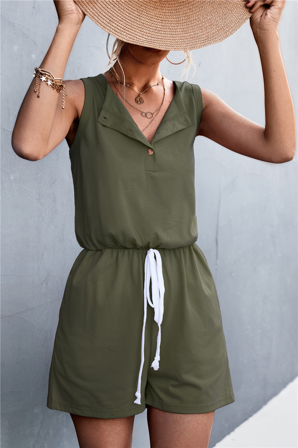 Women's Casual Overall with Buttoned Neckline and Adjustable Waist