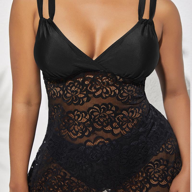 Women's Swimsuit with Elegant Lace Detail and Adjustable Straps