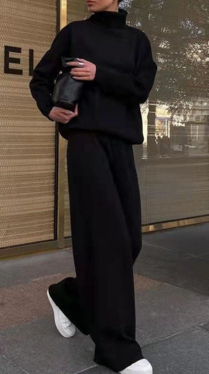 Women's Elegant Knit Loungewear Set with High Neck and Wide Leg