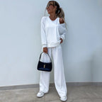 Women's Elegant Ribbed Knit Two-Piece Lounge Set with One-Shoulder Cut and Wide Palazzo Trousers
