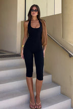 Women's Long-Sleeve Jumpsuit with Deep Neckline and Fitted Design