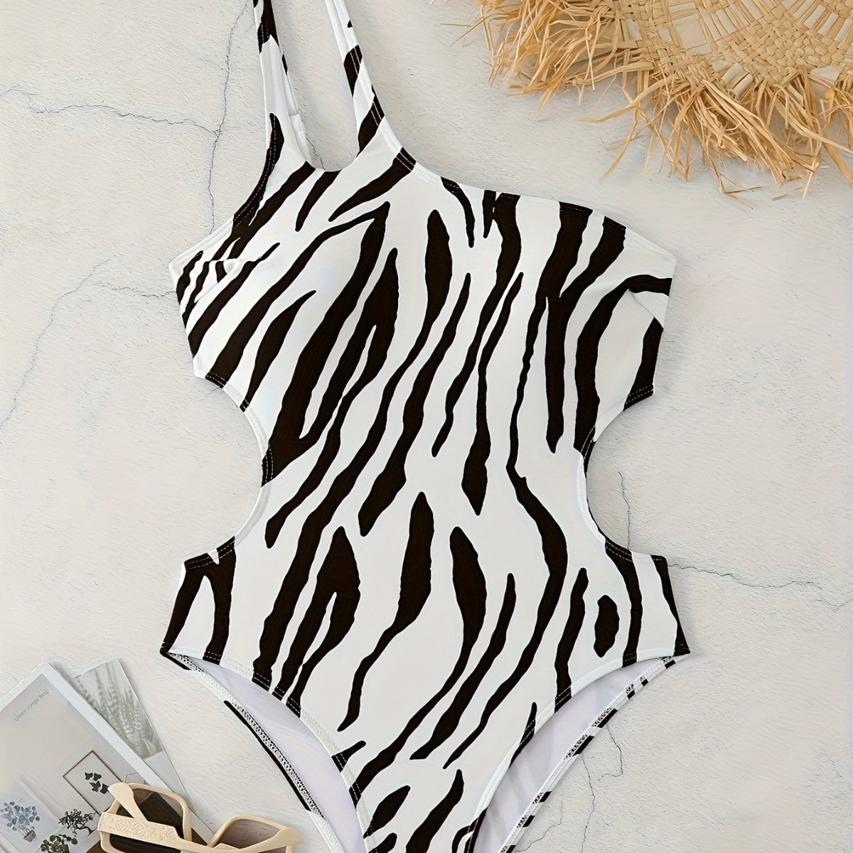 Women's Asymmetrical One-Piece Swimsuit with Animal Print