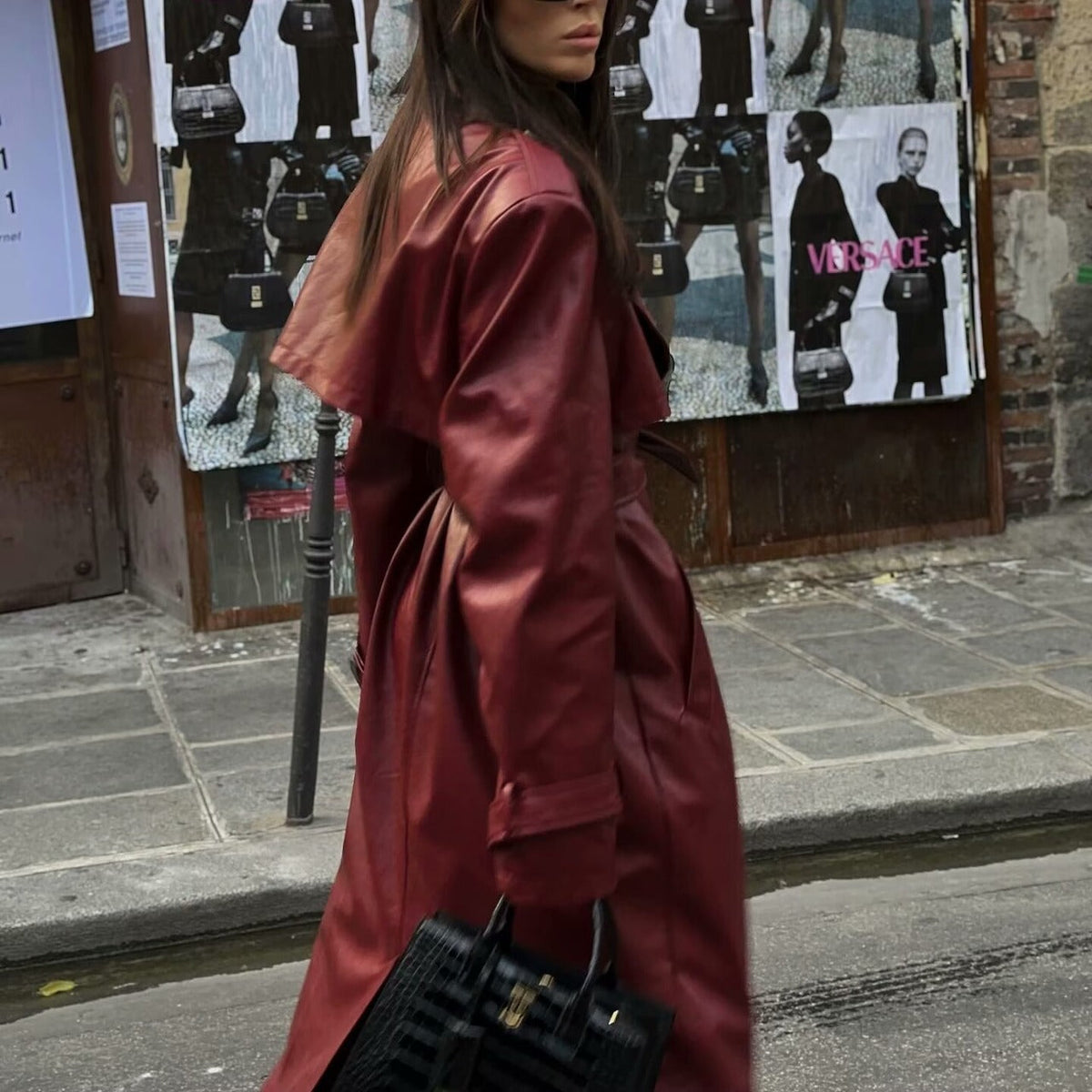 Elegant Women's Faux Leather Trench Jacket with Belt and High Lapels
