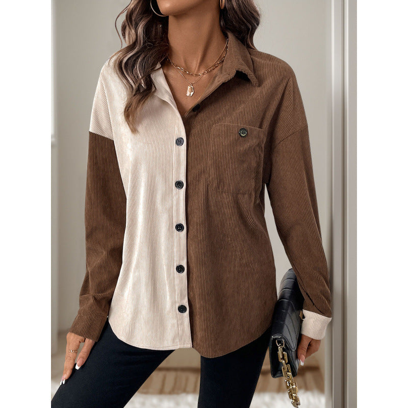 Women's Corduroy Blouse with Color-Block Design