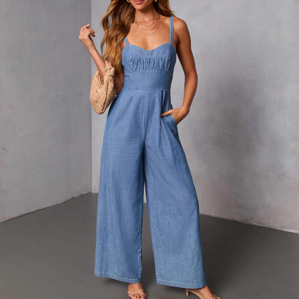 Women's Casual Denim Jumpsuit with Bustier Top and Wide Leg
