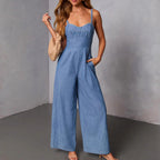Women's Casual Denim Jumpsuit with Bustier Top and Wide Leg