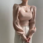 Women's Cropped Sweater with Voluminous Sleeves and Ribbed Texture