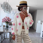 Women's Cozy Knit Cardigan with Playful Floral Appliqués