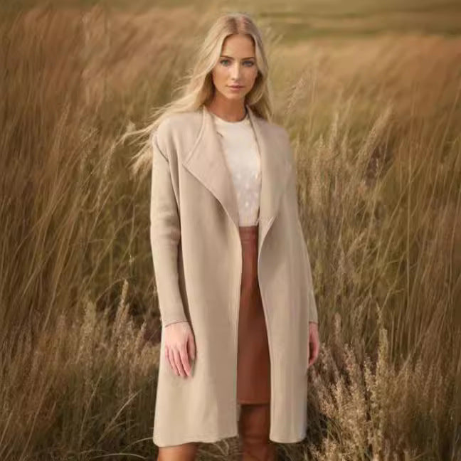 Women's Elegant Knit Coat with Open Collar and Fashionable Cut