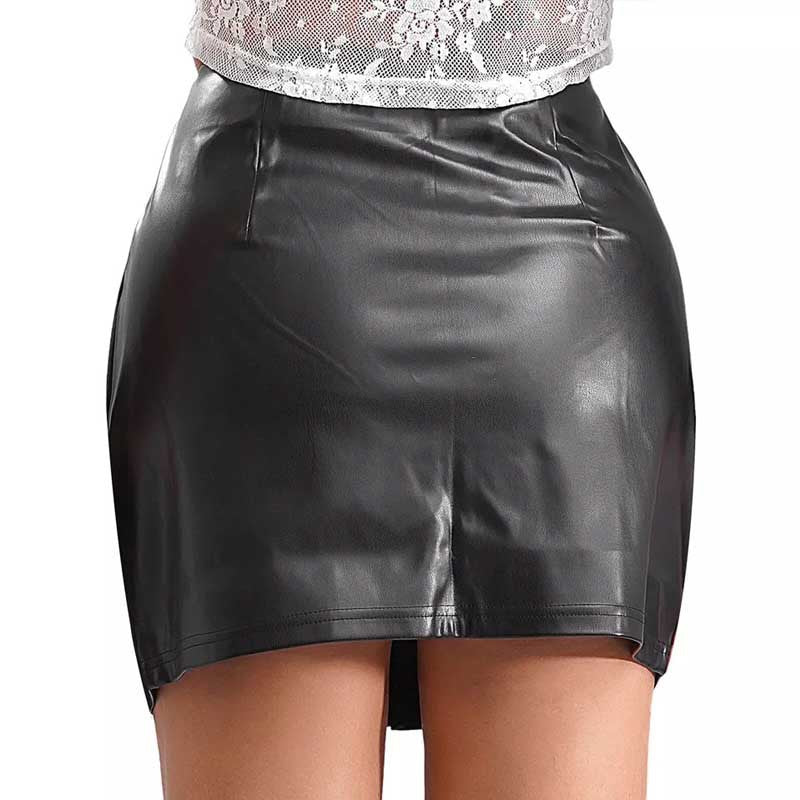 Women's Short Faux Leather Skirt with Contrasting Pockets and Zipper