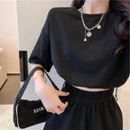 Women's Casual Suit with Round Neckline and Elastic Waistband