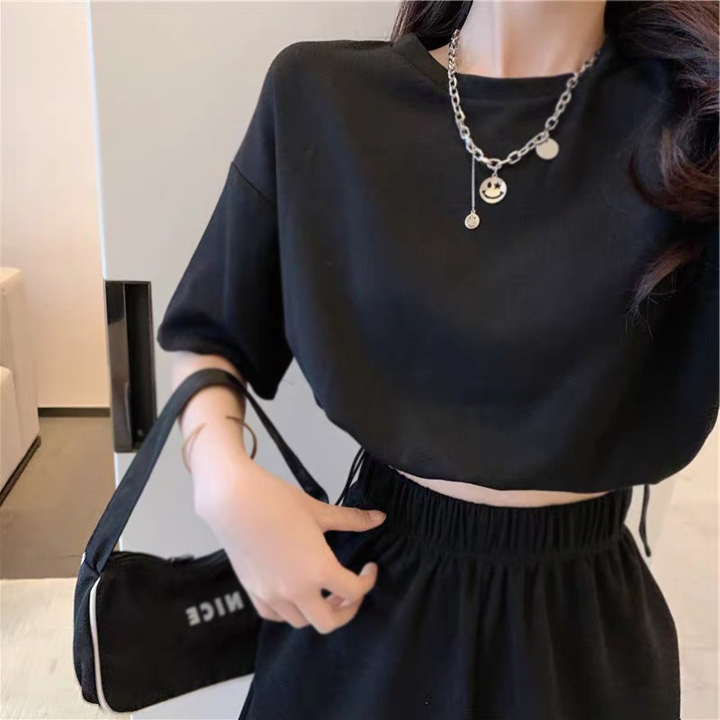 Women's Casual Suit with Round Neckline and Elastic Waistband