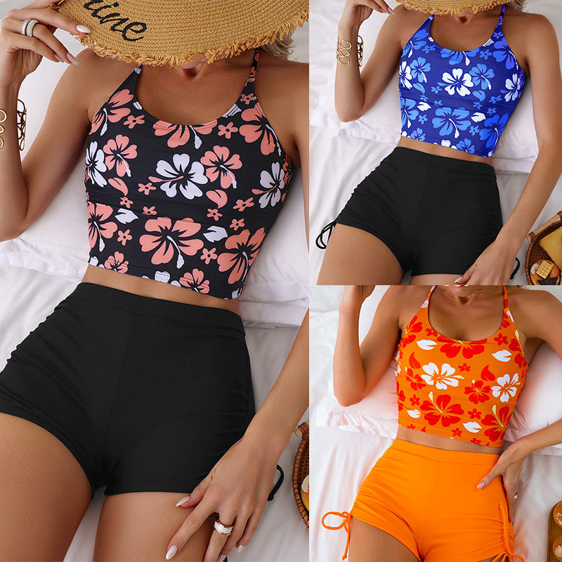 Women's Swim Top with Floral Design and High-Waisted Shorts