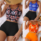 Women's Swim Top with Floral Design and High-Waisted Shorts
