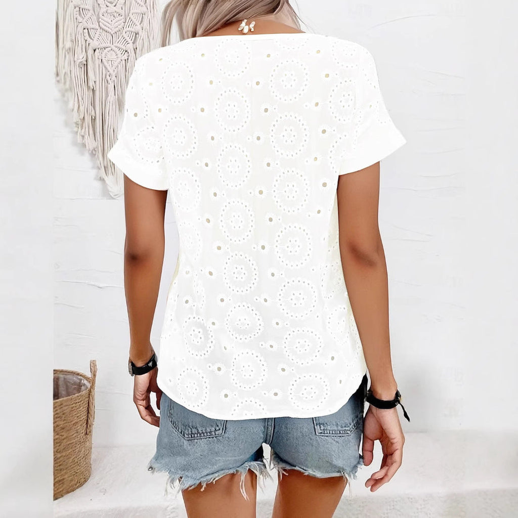 Women's Floral Eyelet Blouse with V-Neck