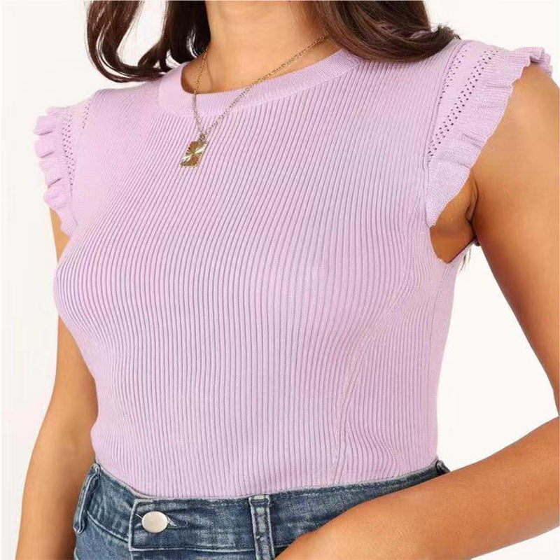 Women's Form-Fitting Ribbed Shirt with Ruffles