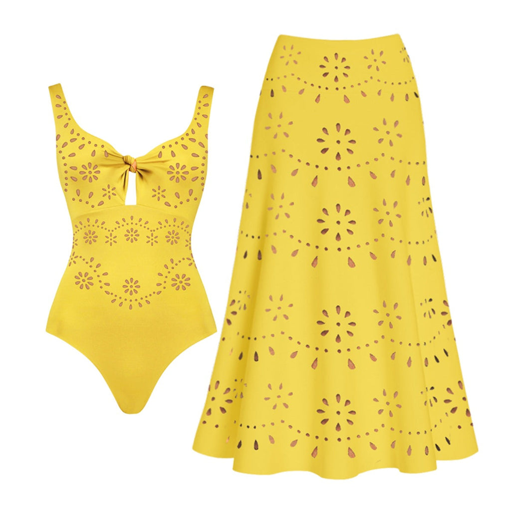 Women's Swimsuit and Skirt Set with Floral Cut-Out Design