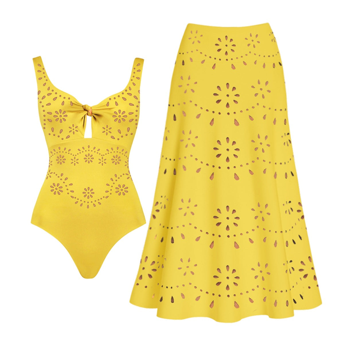 Women's Swimsuit and Skirt Set with Floral Cut-Out Design