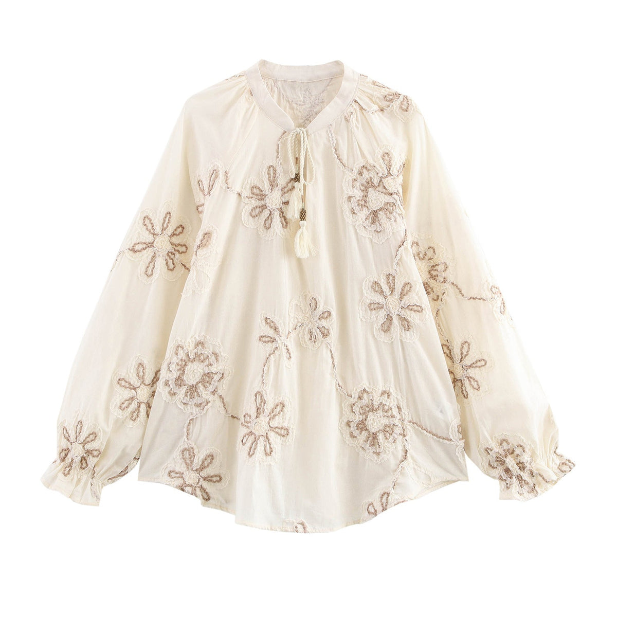 Women's Blouse with Floral Embroidery and Elegant Tassels