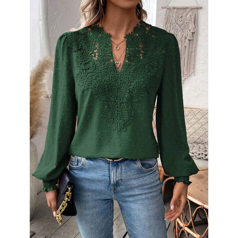Women's Blouse with Embroidered V-Neck and Long Sleeves