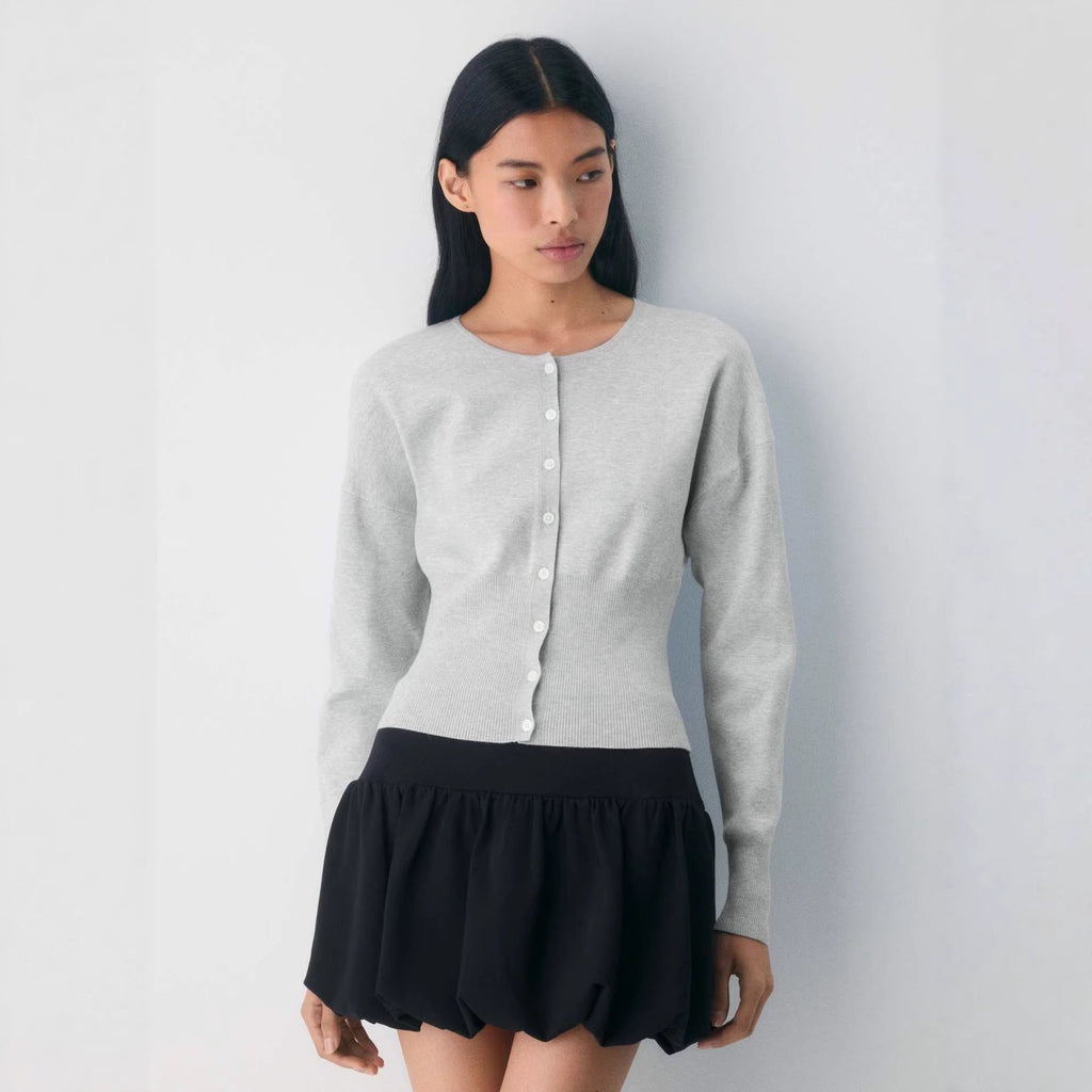 Cropped Ribbed Cardigan with Button Placket