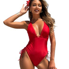 Women's Swimsuit with Deep V-Neck and Adjustable Ties