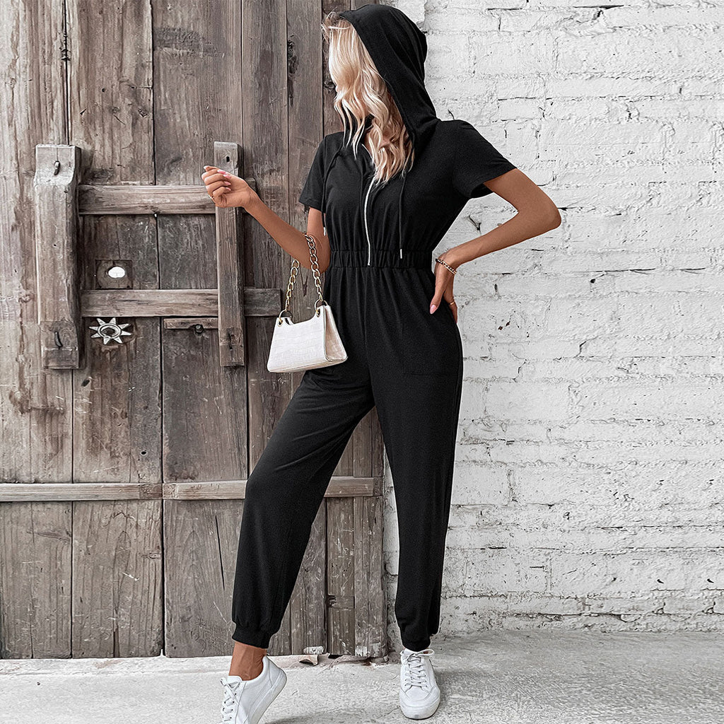 Women's Hooded Jumpsuit with Practical Zipper and Elastic Waist