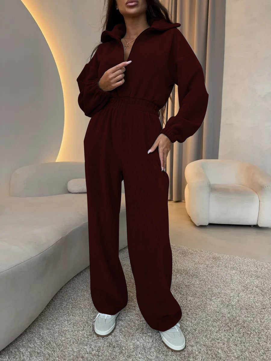 Elegant Jumpsuit with Short Zipper and Elastic Waistband