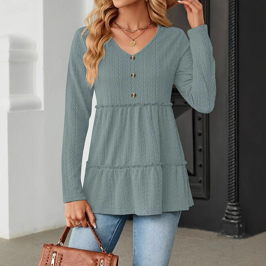 Women's Sleeveless V-Neck Shirt with Button Details and Voluminous Hem