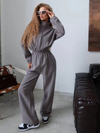 Women's Fleece Jumpsuit with High Collar and Side Zipper