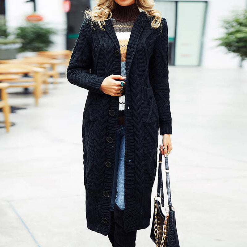 Elegant Women's Knit Coat with Deep V-Neck and Cable Knit Pattern