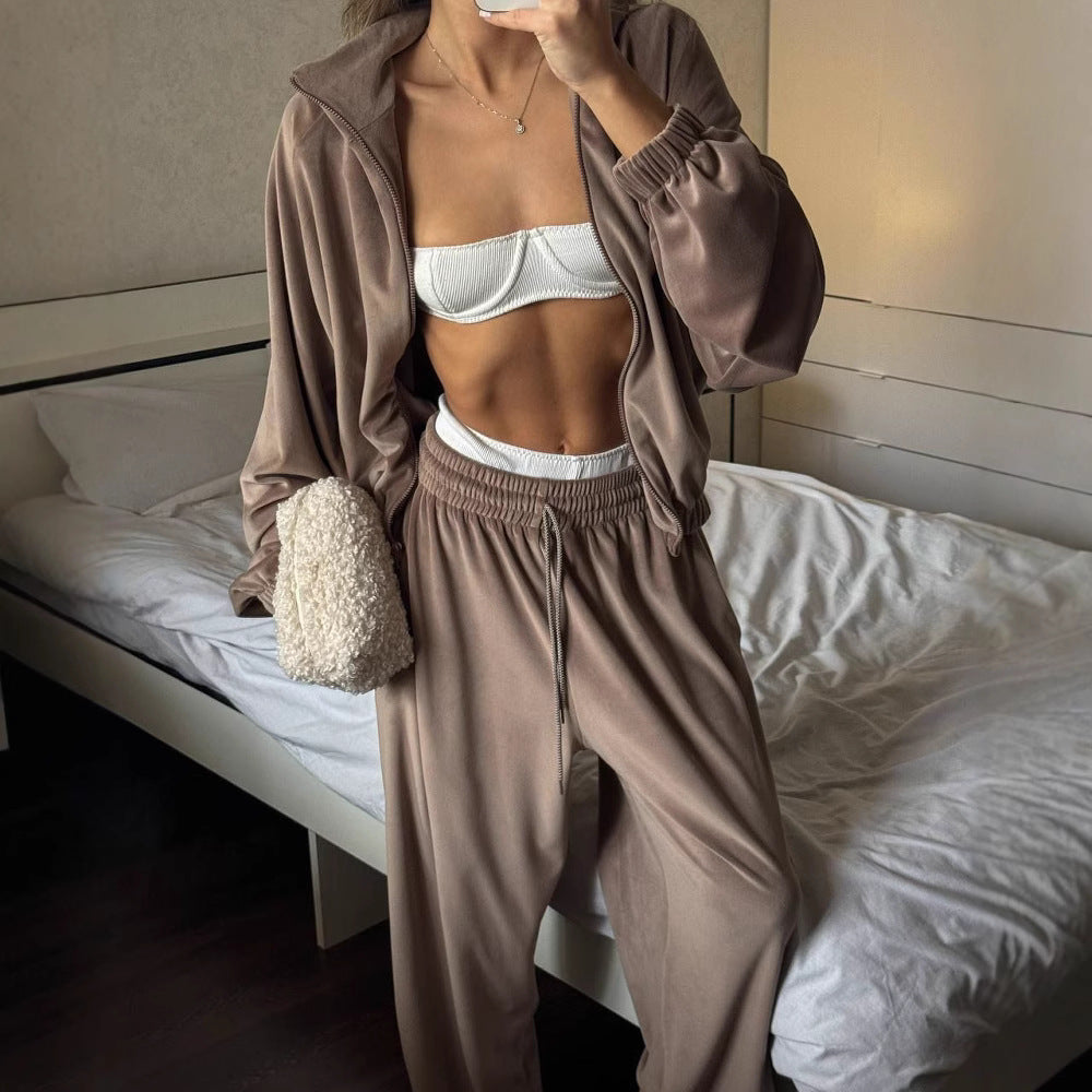 Women's Casual Lounge Two-Piece Set with Oversized Zip Jacket and Wide Leg Pants