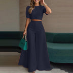 Elegant Short Puff-Sleeve Top and High-Waisted Palazzo Pants Set