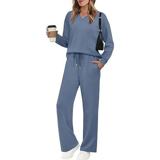 Women's Casual Lounge Set with V-Neck Sweatshirt and Loose Drawstring Pants