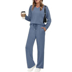 Women's Casual Lounge Set with V-Neck Sweatshirt and Loose Drawstring Pants