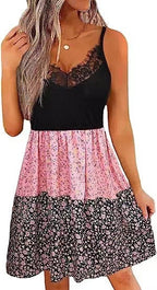 Women's Floral Dress with Lace Bodice and Tiered Skirt