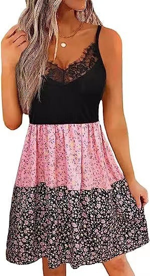 Women's Floral Dress with Lace Bodice and Tiered Skirt