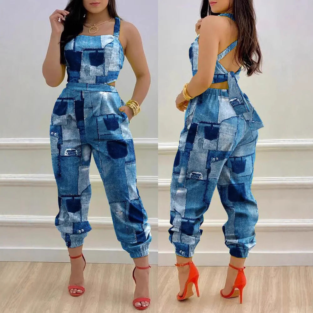 Women's Jumpsuit with Unique Denim Print and Tailored Cut