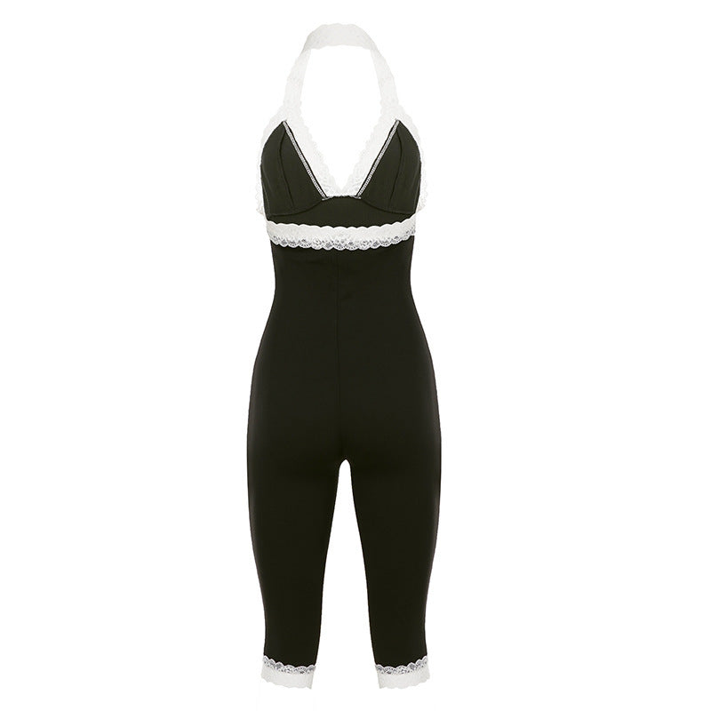 Women's Jumpsuit with Lace Trim and Plunging Neckline