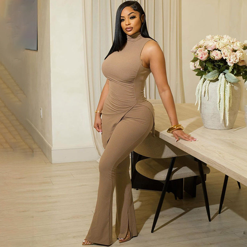 Women's Asymmetrical Jumpsuit Set with Stand-Up Collar